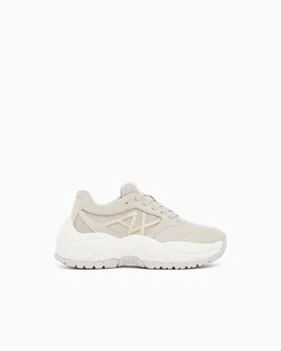 Armani Exchange Sneakers Low Cut In Suede And Mesh With Metallic Inserts In White