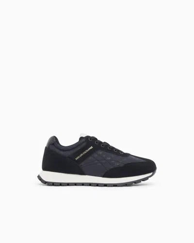 Armani Exchange Sneakers With All-over Print And Suede Inserts In Blue
