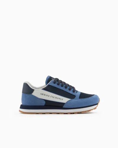 Armani Exchange Suede Sneakers With Mesh Inserts In Navy Blue