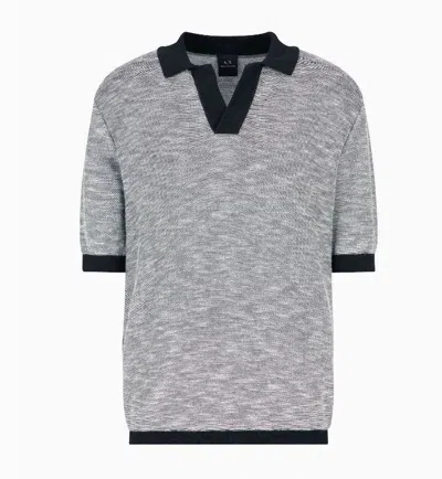 Armani Exchange Short-sleeved Knitted Polo In Melange Cotton In Blue