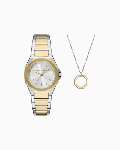 Armani Exchange Three-hand Two-tone Stainless Steel Watch And Necklace Set In Multicoloured