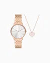 Armani Exchange Three-hand Watch And Necklace Set In Rose Gold-tone Stainless Steel In Multicoloured