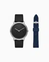 Armani Exchange Two-hand Black Leather Watch And Denim Strap Set In Multicolored