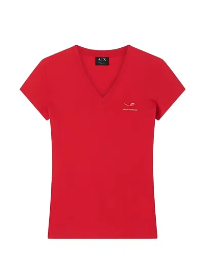 Armani Exchange V-neck Detail-embroidered T-shirt In Red
