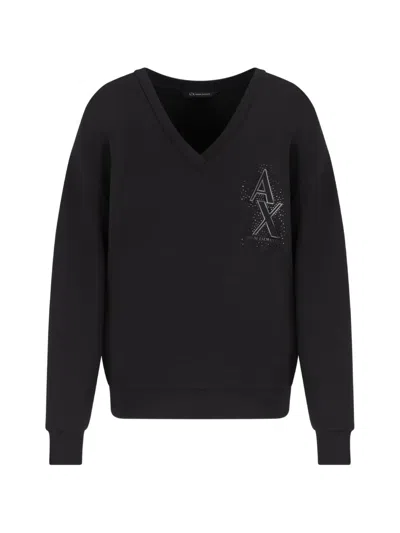 Armani Exchange V-neck Embellished Sweatshirt In Black
