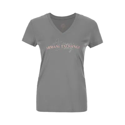 Armani Exchange 女士棉质休闲日常v领带字母短袖t恤 In Gray