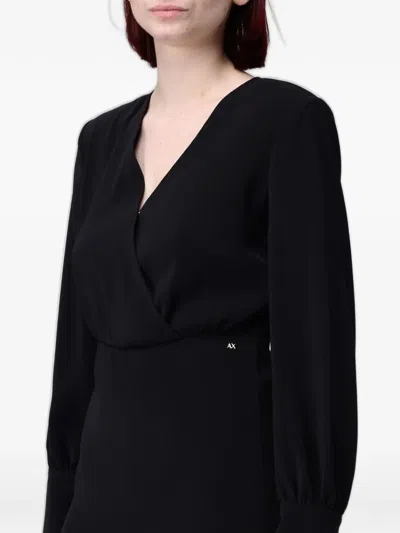 Armani Exchange Wrap-style Long-sleeve Mini Dress In Black