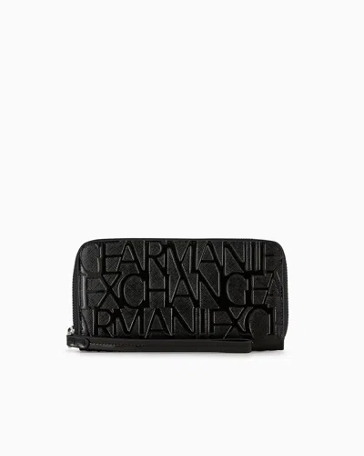Armani Exchange Zip Around Wallet With Maxi Allover Logo In Black