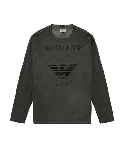 Armani Jeans Dark Gray Logo Printed Long-sleeved T-shirt In Black