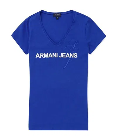 Armani Jeans V-collar Short-sleeved T-shirt In Blue