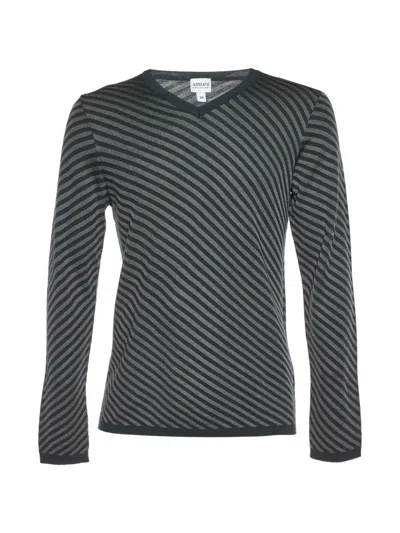 Pre-owned Armani Vintage Diagonal Striped V-neck Long-sleeve Top In Gray