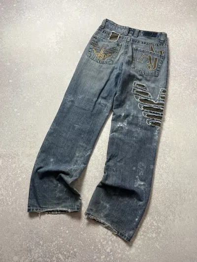 Pre-owned Armani X Vintage Armani Big Logo Parachute Japanese Denim Pants Y2k Jeans In Blue