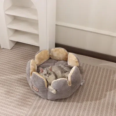 Armarkat Plush Cat Bed With Tall Sides, 18 Inch Round Gray Waffle Texture & Cream Long Plush Pet Nest For Cat