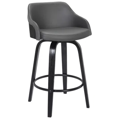Armen Living Alec 30 In. Swivel Barstool In Black Finish With Gray Faux Leather