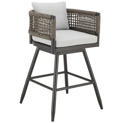 Armen Living Alegria 26 In. Outdoor Barstool In Aluminum, Gray Rope, Light Gray Cushions