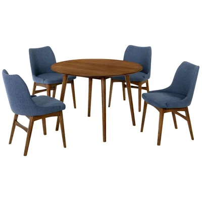 Armen Living Arcadia And Azalea 5 Piece 42 In. Round Dining Set In Blue And Walnut Wood In Multi