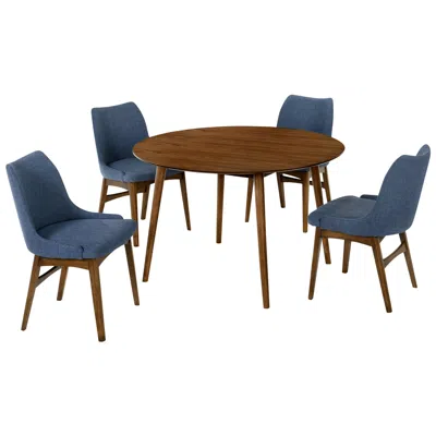 Armen Living Arcadia And Azalea 5 Piece 48 In. Round Dining Set In Blue, Walnut Wood In Multi