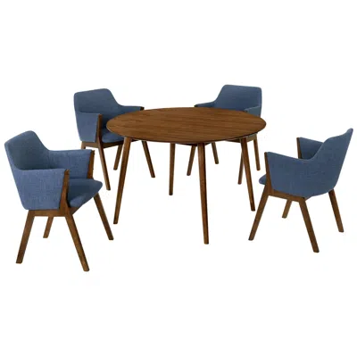 Armen Living Arcadia And Renzo 5 Piece 48 In. Round Dining Set In Blue, Walnut Wood In Multi