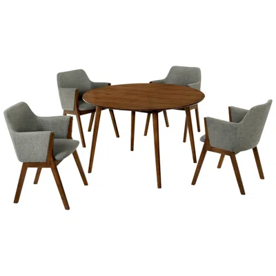 Armen Living Arcadia And Renzo 5 Piece 48 In. Round Dining Set In Charcoal, Walnut Wood In Brown