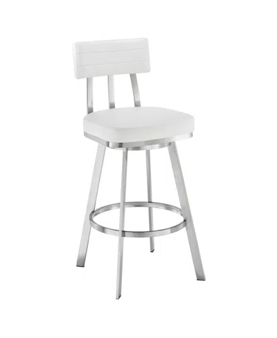 Armen Living Benjamin 30" Swivel Bar Stool In Brushed Stainless Steel With Faux Leather In White,brushed Stainless Steel