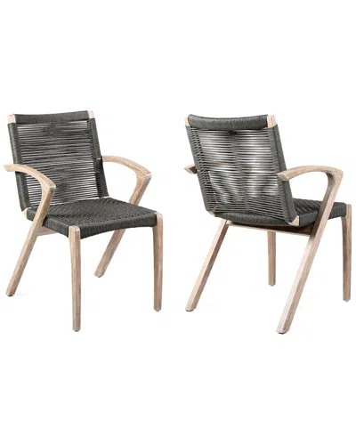 Armen Living Brielle Outdoor Light Eucalyptus Wood And Charcoal Rope Dining Chairs, Set Of 2 In Black