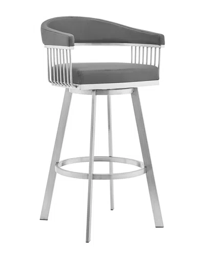 Armen Living Bronson 25 Grey Faux Leather And Brushed Stainless Steel Swivel Bar Stool In Gray