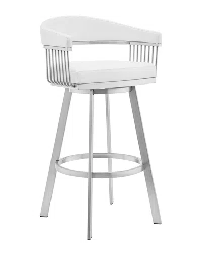 Armen Living Bronson 25 White Faux Leather And Brushed Stainless Steel Swivel Bar Stool In Silver