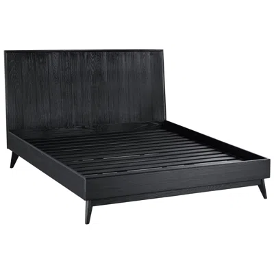 Armen Living Carnaby Queen Platform Bed Frame In Black Brushed Oak Wood, And Metal
