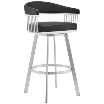 Armen Living Bronson 25 Black Faux Leather And Brushed Stainless Steel Swivel Bar Stool