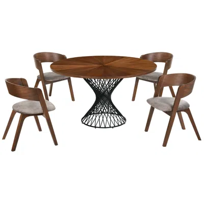 Armen Living Cirque And Jackie 5 Piece 54 In. Round Dining Set In Walnut Mdf And Metal In Brown