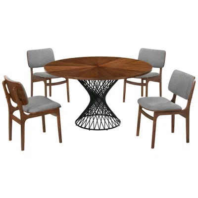 Armen Living Cirque And Lima 5 Piece 54 In. Round Dining Set In Walnut Mdf And Metal In Gray
