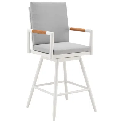 Armen Living Crown 30 In. Outdoor Barstool In Aluminum, Brown Rope, Light Gray Cushions