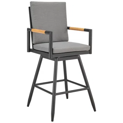 Armen Living Crown 30 In. Outdoor Barstool In Aluminum, Tan Rope, And Dark Gray Cushions