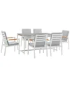 ARMEN LIVING ARMEN LIVING CROWN 7PC WHITE ALUMINUM AND TEAK OUTDOOR DINING SET WITH LIGHT GRAY FABRIC
