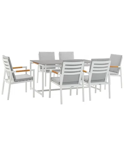 ARMEN LIVING ARMEN LIVING CROWN 7PC WHITE ALUMINUM AND TEAK OUTDOOR DINING SET WITH LIGHT GRAY FABRIC