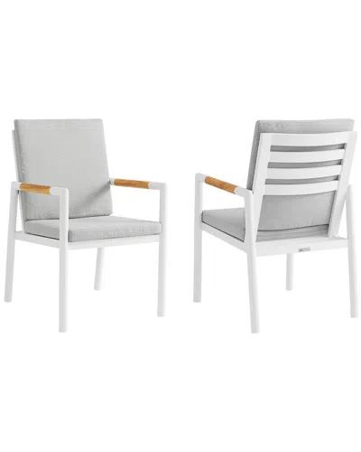 Armen Living Crown White Aluminum And Teak Outdoor Dining Chair With Light Gray Fabric