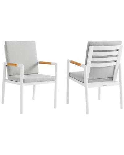ARMEN LIVING ARMEN LIVING CROWN WHITE ALUMINUM AND TEAK OUTDOOR DINING CHAIR WITH LIGHT GRAY FABRIC, SET OF 2