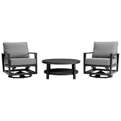 Armen Living Grand 3 Piece Black Aluminum Outdoor Seating Set With Dark Gray Cushions