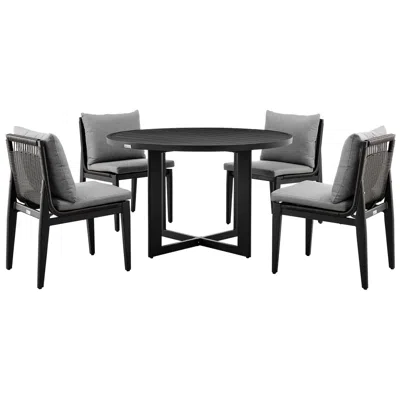Armen Living Grand Outdoor 5-piece Round Dining Table Set In Aluminum With Grey Cushions
