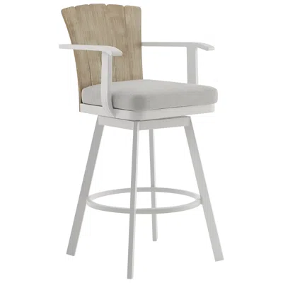 Armen Living Hazel 26 In. Outdoor Barstool In Aluminum, Teak Wood, Argent Gray Cushions
