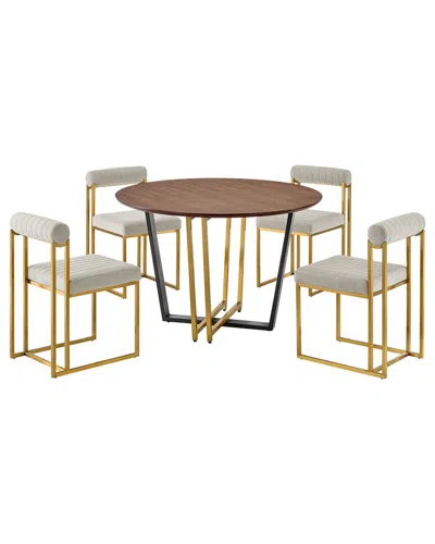 Armen Living Joana Anastasia 5pc Round Walnut Dining Table Set In Gold