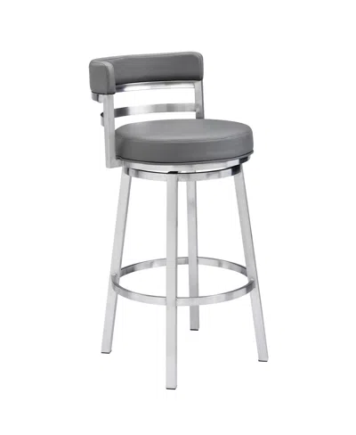 Armen Living Madrid 30" Bar Height Swivel Gray Artificial Leather And Brushed Stainless Steel Bar Stool