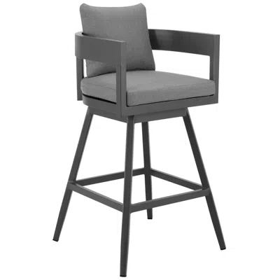 Armen Living Menorca 26 In. Outdoor Swivel Barstool In Aluminum With Gray Cushions