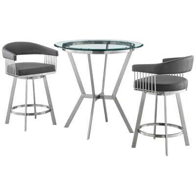 Armen Living Naomi And Chelsea 3 Pc Counter Height Dining Set In Brushed Stainless Steel In Gray