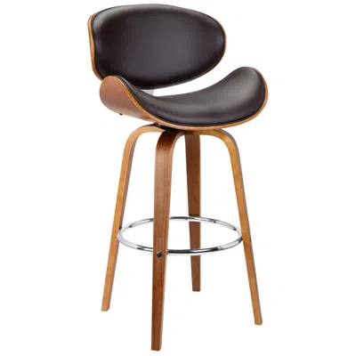 Armen Living Solvang 26 In. Swivel Barstool In Brown Faux Leather And Walnut Wood In Black