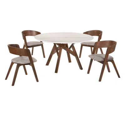 Armen Living Venus And Jackie 5pc Walnut And Marble Round Dining Set In Brown