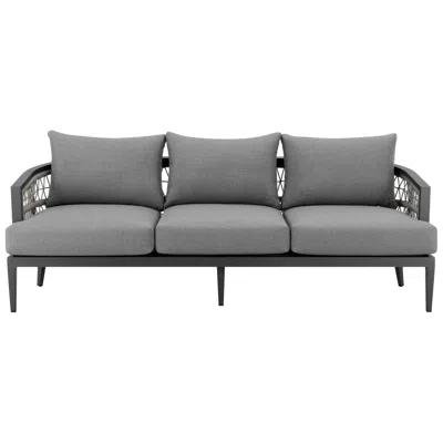 Armen Living Zella Outdoor Sofa In Aluminum With Light Gray Rope And Earl Gray Cushions