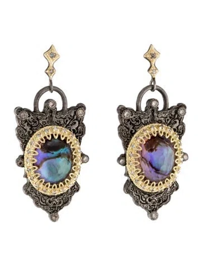 Pre-owned Armenta Abalone & Amethyst Doublet & Diamond Scroll Drop Earrings In Multicolor
