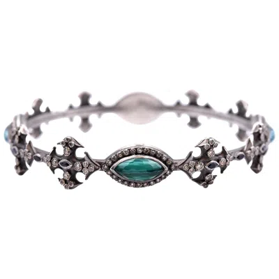 Pre-owned Armenta New World Sterling Silver, Malachite, Sapphire, Champagne Diamond Band In Multi
