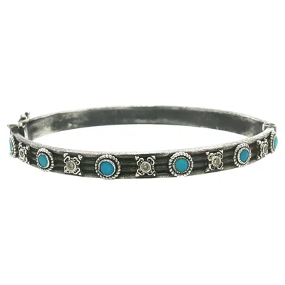 Pre-owned Armenta Silver Sleeping Beauty Turquoise Diamond Stations Hinged Bangle Bracelet In Multiple